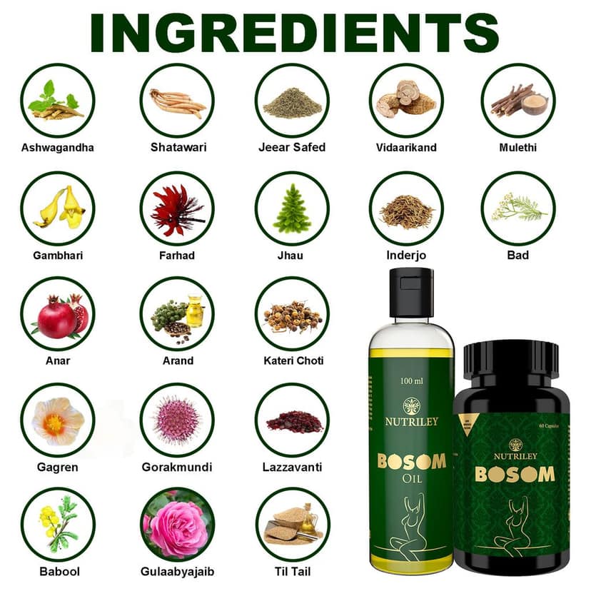 Nutriley Bosom - Breast Enlargement Capsules + Oil (60 Capsules + 100 ML Oil) view 4