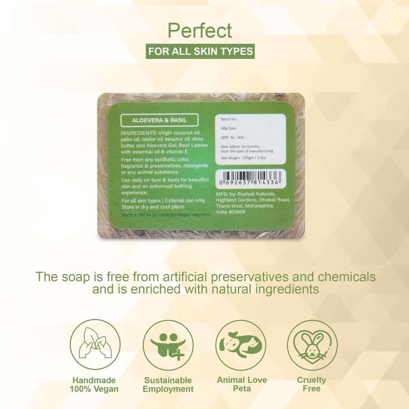 Aloevera Basil Handmade Bathing Soap for Youthful Glow - 100gm view 8