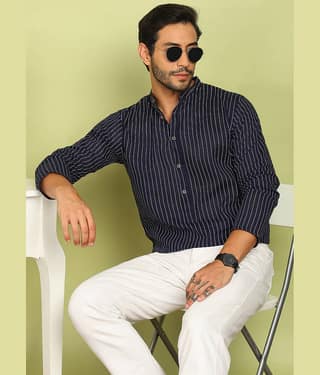ADWYN PETER Cotton Striped Regular Kurta For Men ( Navy Blue )