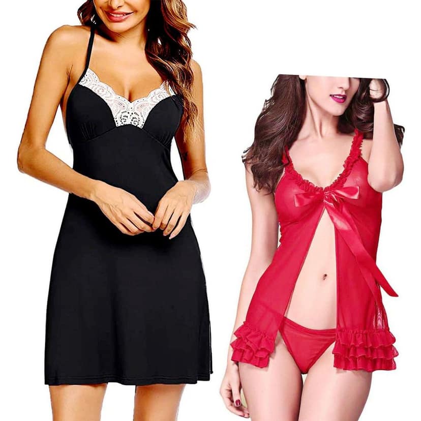 Babydoll Nightdress with panty Net Polyester Combo Pack 2 view 3