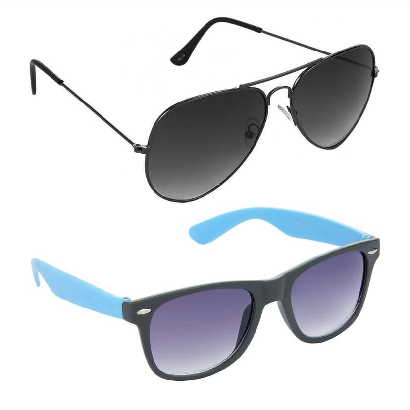 HRINKAR Men Women Boys & Girls Pilot & Rectangular Sunglasses Grey & Blue Frame, Grey & Grey Lens (Medium) Pack of - 2