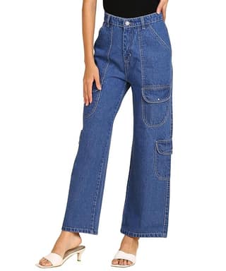 Glossia Fashion Women High Waist Baggy Wide Leg Straight Fit Cargo Jeans - Blue, 26