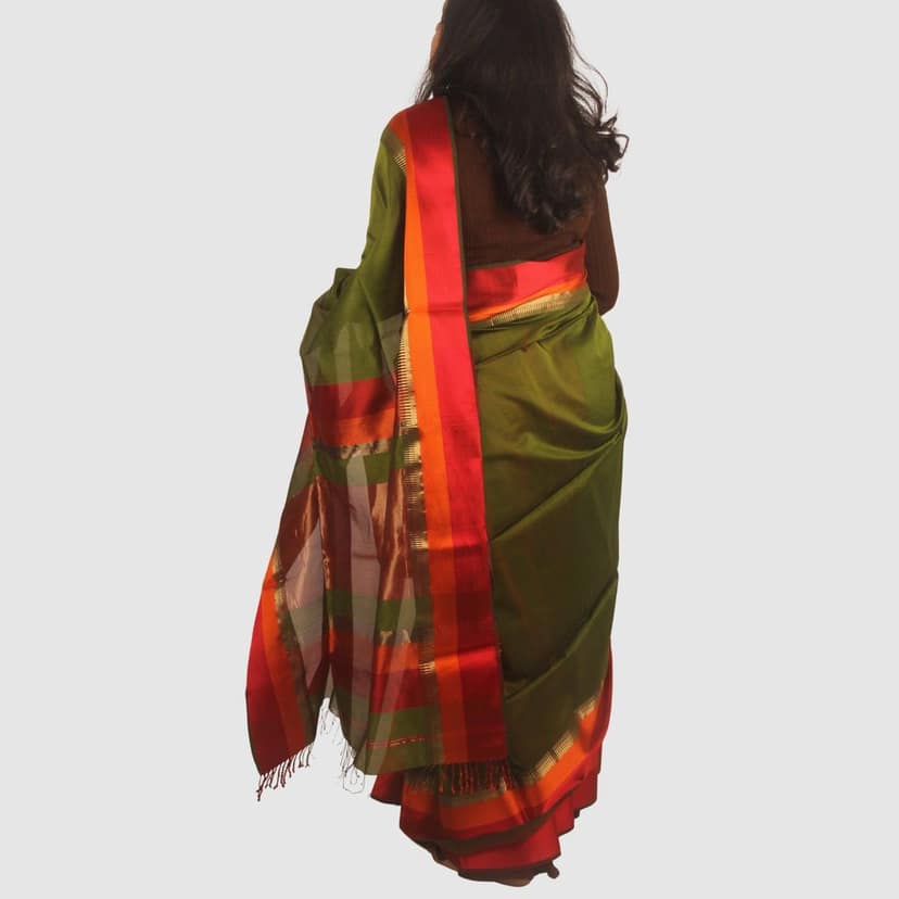Graceful Olive Green Maheshwari Silk Cotton Handloom Saree with Vibrant Red and Gold Zari Border view 3
