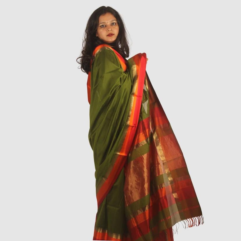 Graceful Olive Green Maheshwari Silk Cotton Handloom Saree with Vibrant Red and Gold Zari Border view 4
