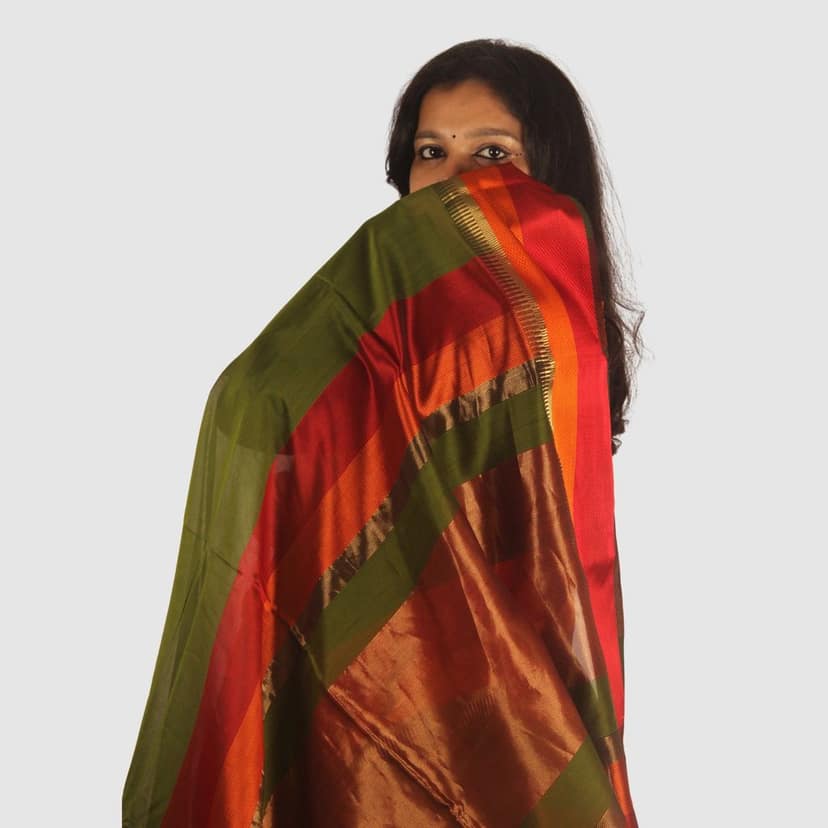 Graceful Olive Green Maheshwari Silk Cotton Handloom Saree with Vibrant Red and Gold Zari Border view 7