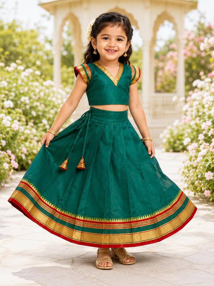 Mom and Me Girls’ Lehenga Choli/Parker Polka/Pattu Pavadai (0 Months–6 Years) | Acrylic Cotton with Soft Cotton Lining | V-Neck, Short Puff Sleeves, Zipper Closure (Morpankhi, 3-4 Y) view 2