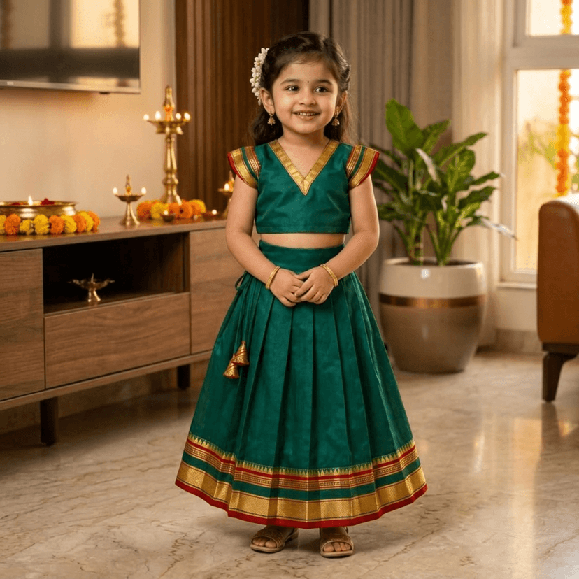 Mom and Me Girls’ Lehenga Choli/Parker Polka/Pattu Pavadai (0 Months–6 Years) | Acrylic Cotton with Soft Cotton Lining | V-Neck, Short Puff Sleeves, Zipper Closure (Morpankhi, 3-4 Y) view 3