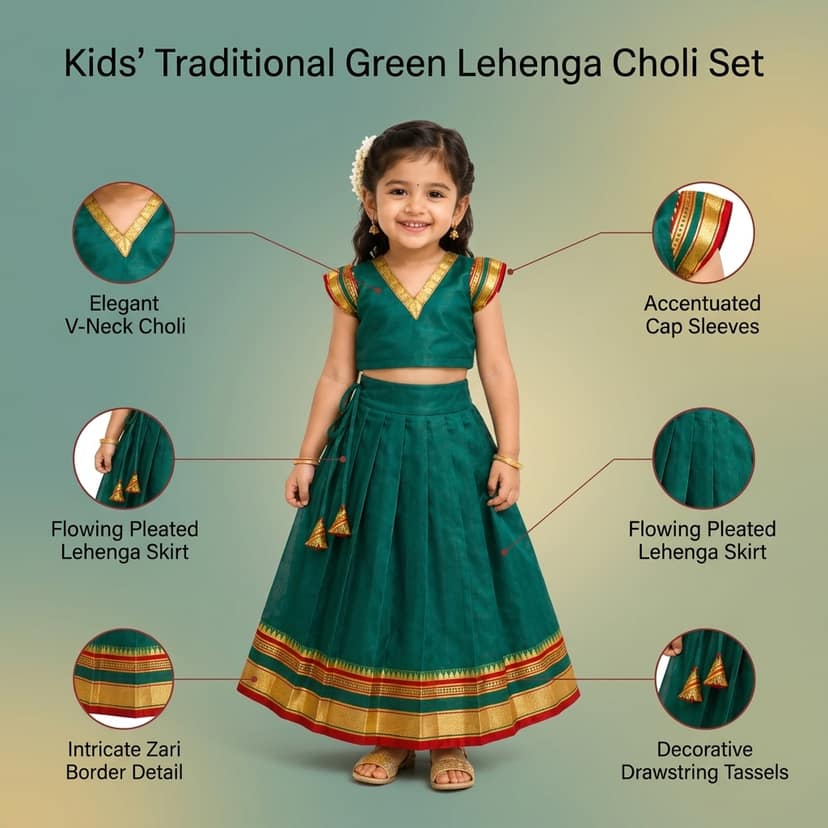 Mom and Me Girls’ Lehenga Choli/Parker Polka/Pattu Pavadai (0 Months–6 Years) | Acrylic Cotton with Soft Cotton Lining | V-Neck, Short Puff Sleeves, Zipper Closure (Morpankhi, 3-4 Y) view 4