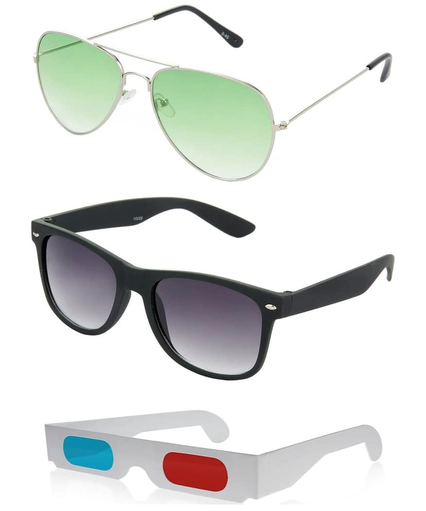 HRINKAR Pilot And Rectangular Stylish Sunglasses For Men And Women (Green And Grey Lens | Silver And Black Frame - HCMB154) With Free Paper 3D Glass