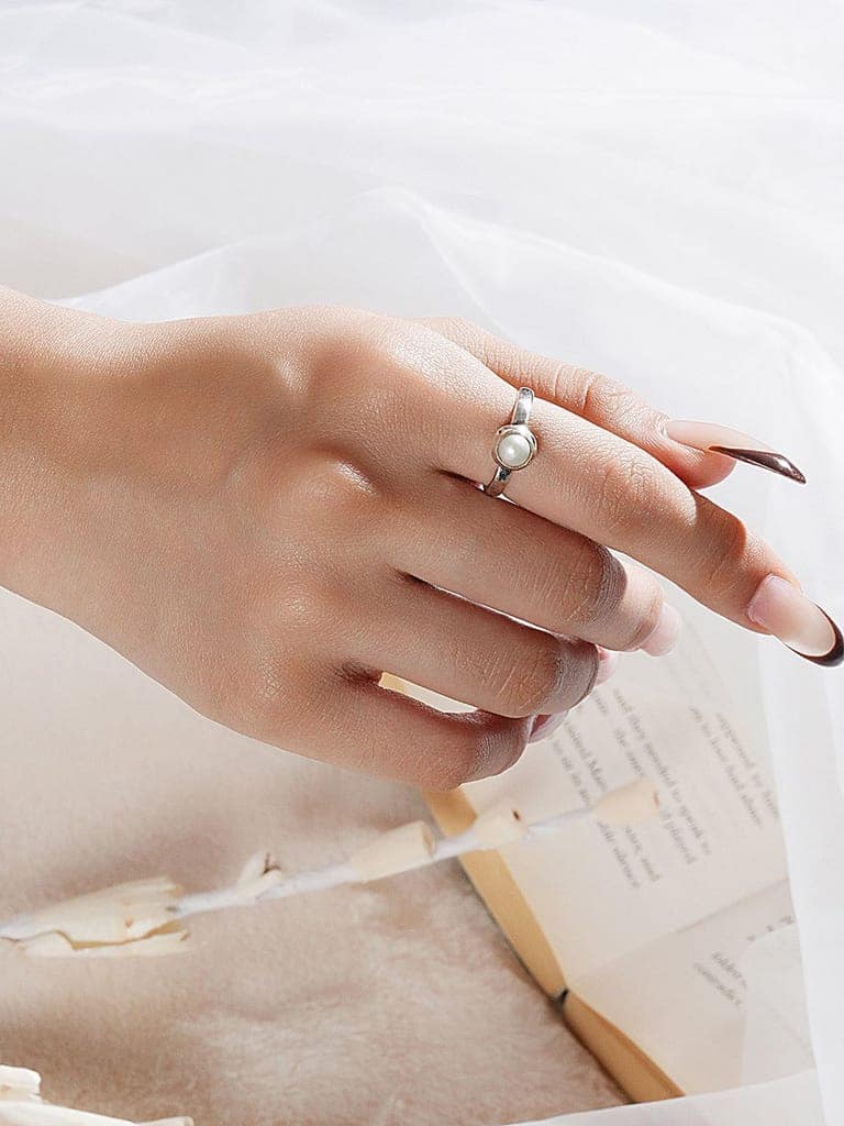 925 Sterling Silver Pearl Studded Minimal Adjustable Band Finger Ring view 4