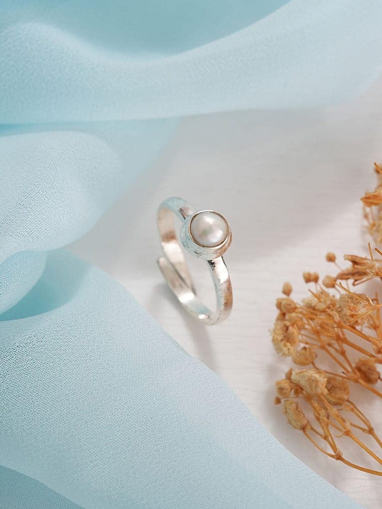 925 Sterling Silver Pearl Studded Minimal Adjustable Band Finger Ring view 6