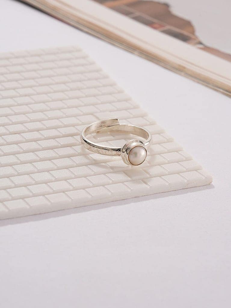 925 Sterling Silver Pearl Studded Minimal Adjustable Band Finger Ring view 7