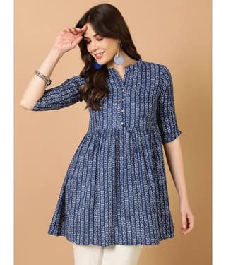 Antaran Cotton Printed Straight Women's Kurti - Blue ( Pack of 1 )