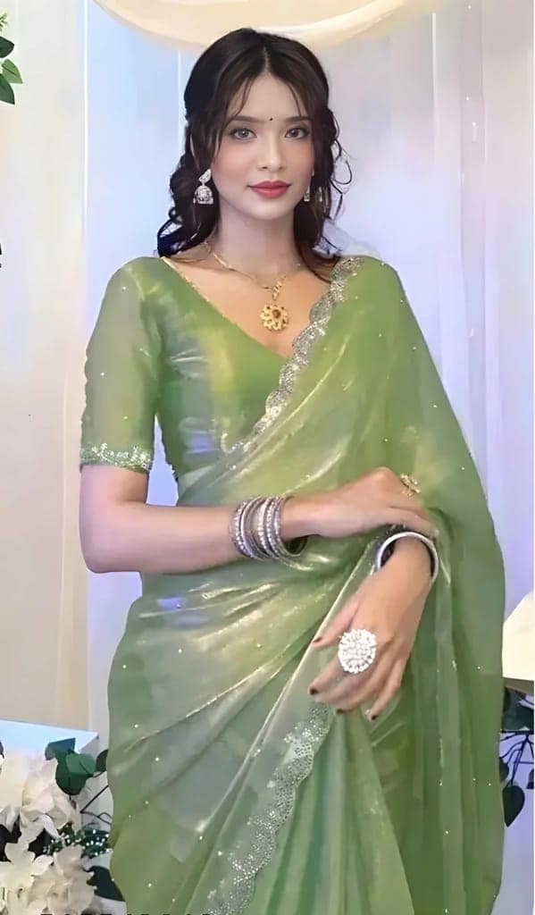 Women's Sage Green Organza Silk Saree with Sequins Work | Designer Party Wear Saree with Matching Blouse Piece | Elegant Ethnic Wear view 2