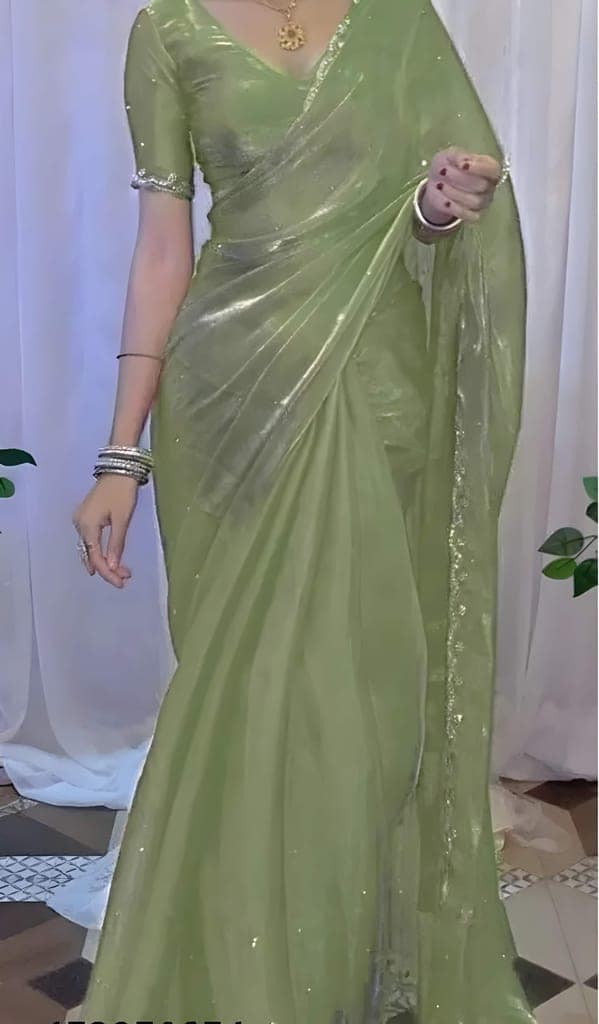 Women's Sage Green Organza Silk Saree with Sequins Work | Designer Party Wear Saree with Matching Blouse Piece | Elegant Ethnic Wear view 4