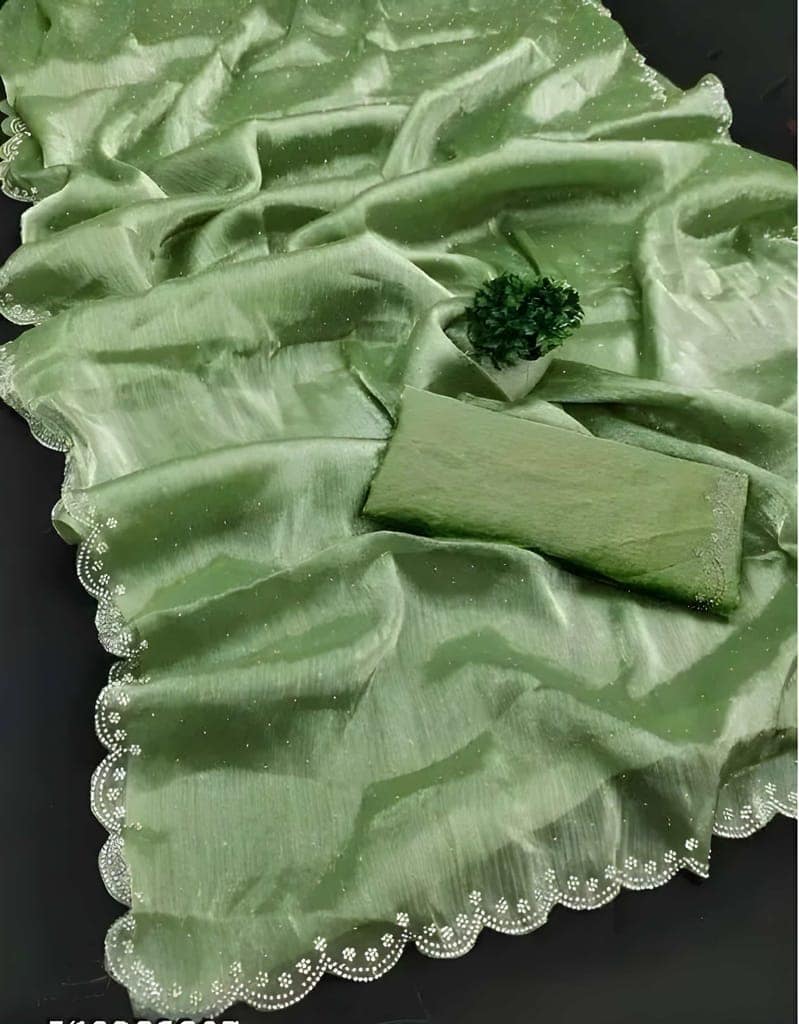 Women's Sage Green Organza Silk Saree with Sequins Work | Designer Party Wear Saree with Matching Blouse Piece | Elegant Ethnic Wear view 5