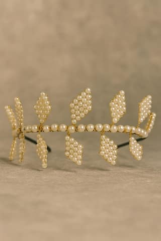 Golden Pearl Embellished Leaf Design Hairband
