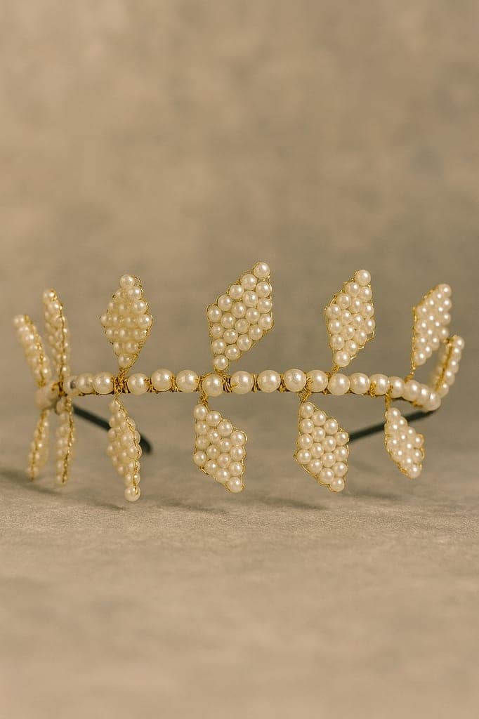 Golden Pearl Embellished Leaf Design Hairband