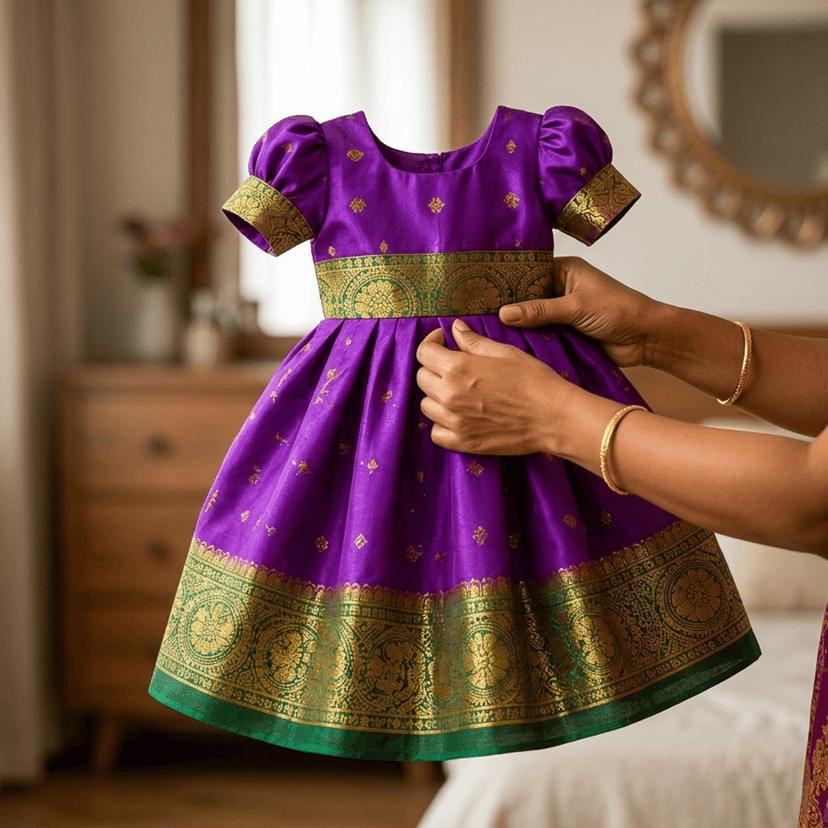 LUSTER Baby Girls Silk Satin Knee Length Frock (Month 0-6, 6-12, 12-18) (0-3 Months, Purple) view 3