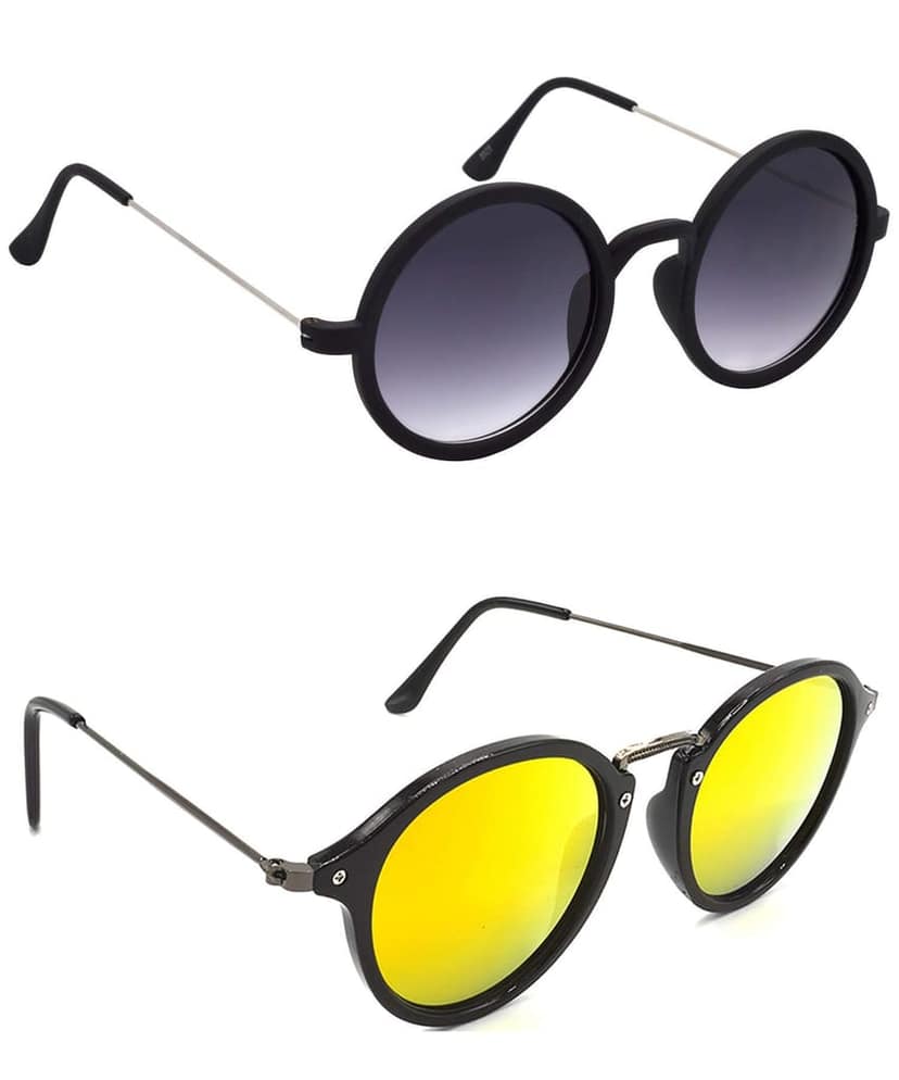 HRINKAR Unisex Round Sunglasses Silver & Grey Frame, Grey & Golden Lens (Medium) - Pack of 2