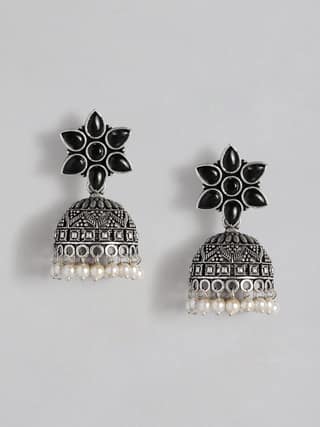 Black Flower Pearl Jhumka Earrings