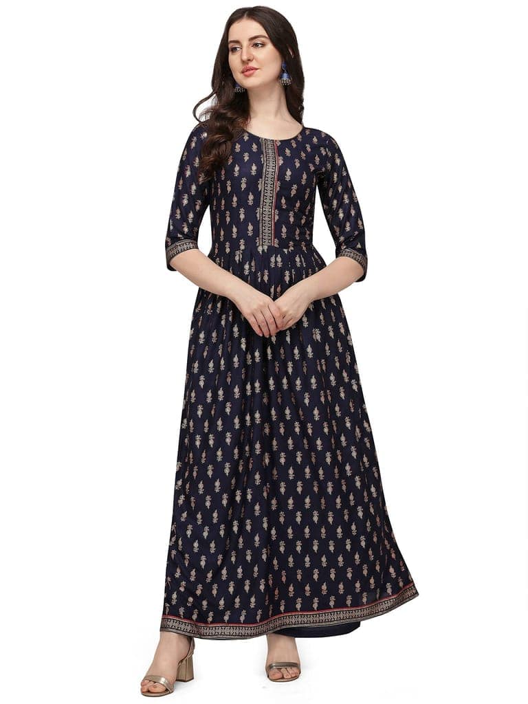 Florence Women Women's Navy Blue Rayon Foil Printed Kurta Palazzo Set(KTN-326-PZ-111(L),Navy Blue)