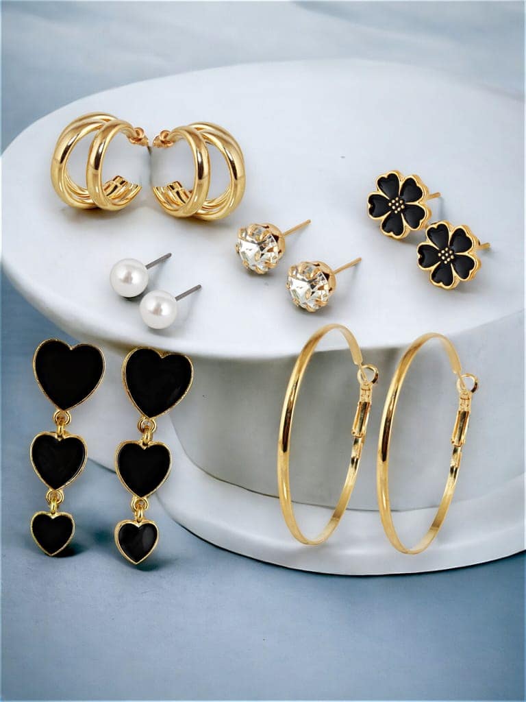 LUCKY JEWELLERY Fashion 6 Pairs Combo Set Of Latest Earrings Celebrity Inspired Stylish Trendy Gold Plated Floral Stud Tops Heart Hanging Earing C Shaped Earring for Women & Girls (270-CHEX-1184-6) view 2