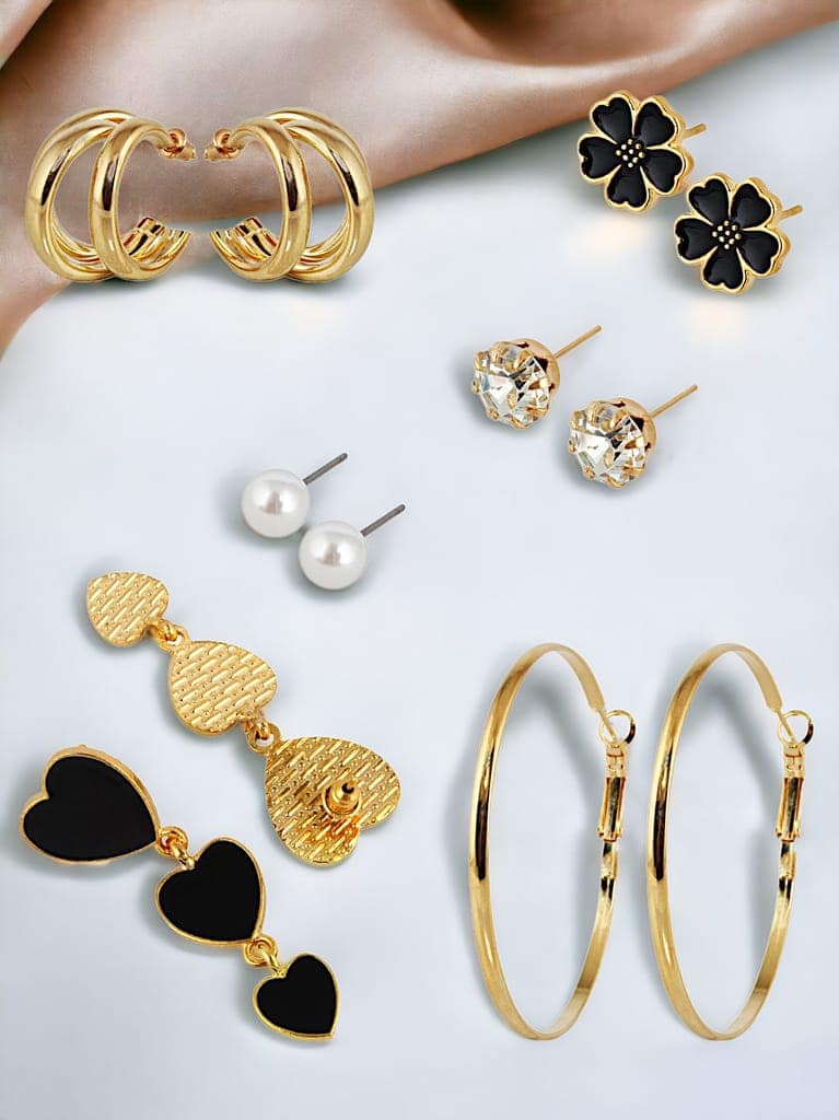 LUCKY JEWELLERY Fashion 6 Pairs Combo Set Of Latest Earrings Celebrity Inspired Stylish Trendy Gold Plated Floral Stud Tops Heart Hanging Earing C Shaped Earring for Women & Girls (270-CHEX-1184-6) view 3