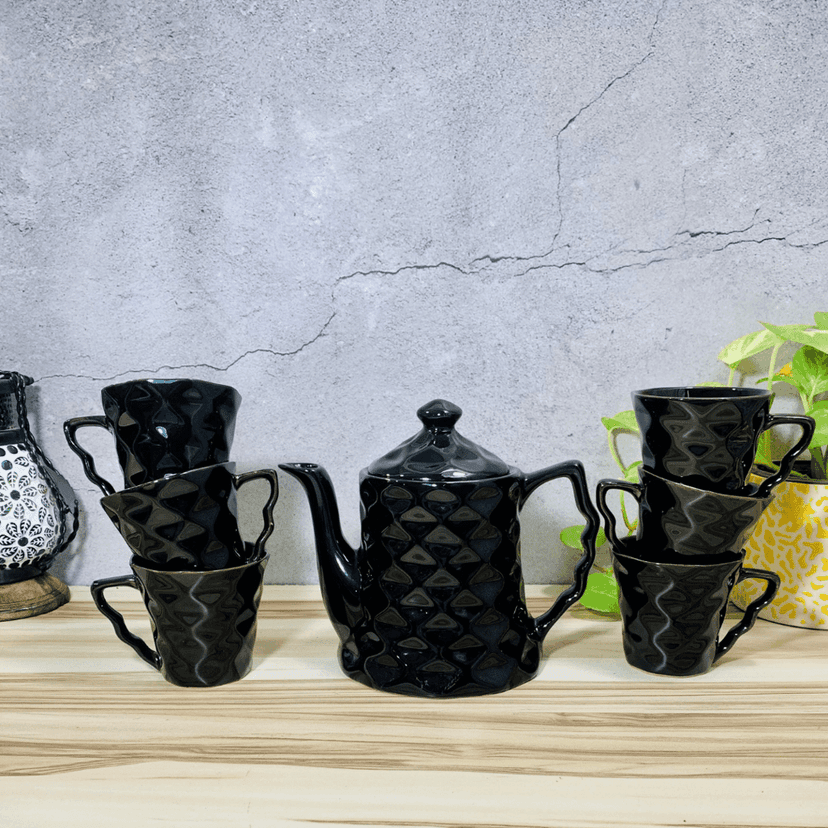 Homefrills Handcrafted Diamond Pattern Ceramic Tea Kettle Set with 6 Cups(150ml), 1 Kettle(400ml)ceramic Good Morning Tea Set- Set of 7 colour-Black,Microwave Safe view 2