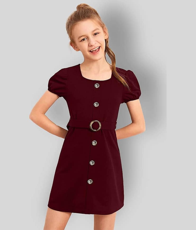 Addyvero Cotton Blend A-line Dress For Girls ( Pack of 1 , Maroon )