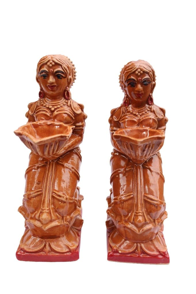 Terracotta Decorative Lady Figurines with Diya Holders - Set of 2