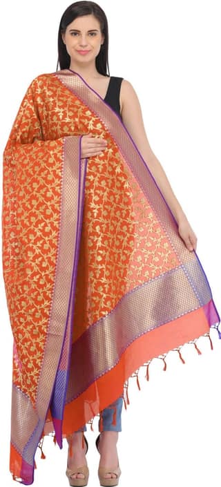 Mandarin-Orange Banarasi Brocaded Zari Thread Dupatta with Floral Weave