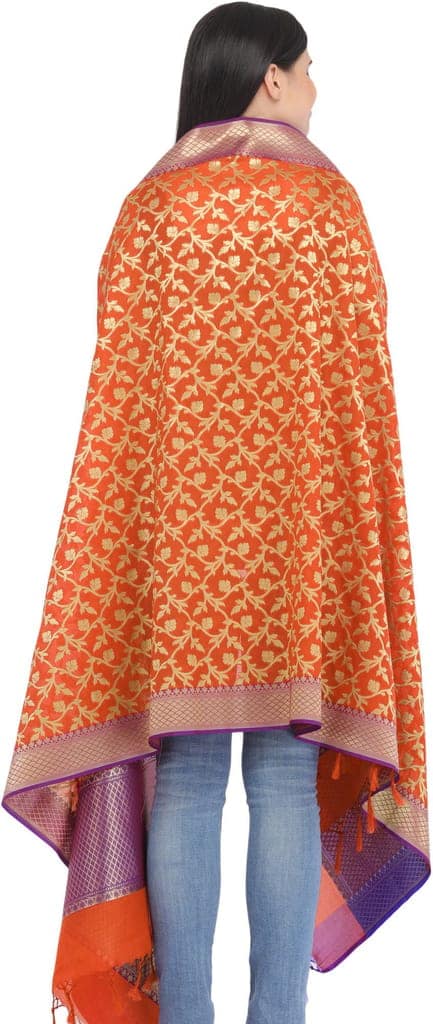 Mandarin-Orange Banarasi Brocaded Zari Thread Dupatta with Floral Weave view 3