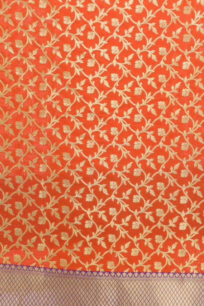Mandarin-Orange Banarasi Brocaded Zari Thread Dupatta with Floral Weave view 4