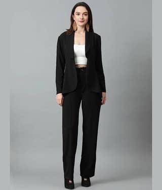 kotty Women Solid Blazer With Trousers Co-Ord Set ( Black )
