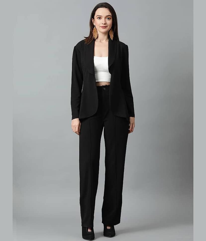 kotty Women Solid Blazer With Trousers Co-Ord Set ( Black )