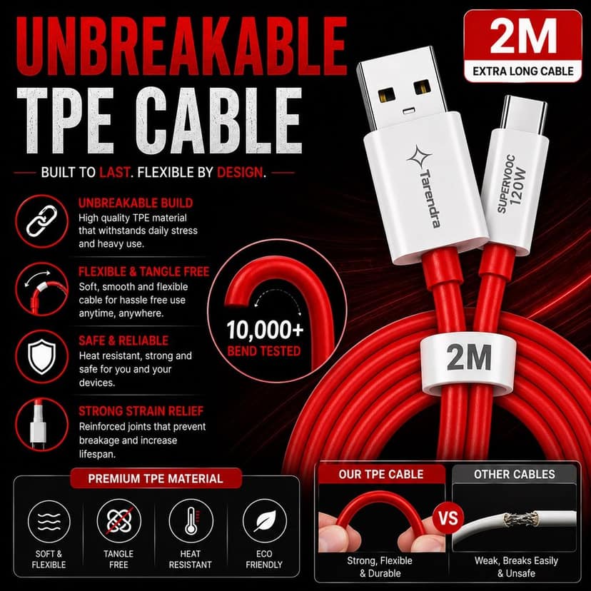 Tarendra 120W 10A USB to Type C Fast Charging Cable 2 Meter | Unbreakable TPE SuperVOOC Data Cable | Fast Charge & Data Sync for OnePlus Oppo Realme Vivo Xiaomi Samsung Type C Devices view 5