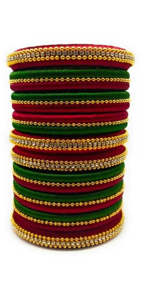 Set of 14 Maroon and Green Silk Thread Bangles with Rhinestone Accents view 2