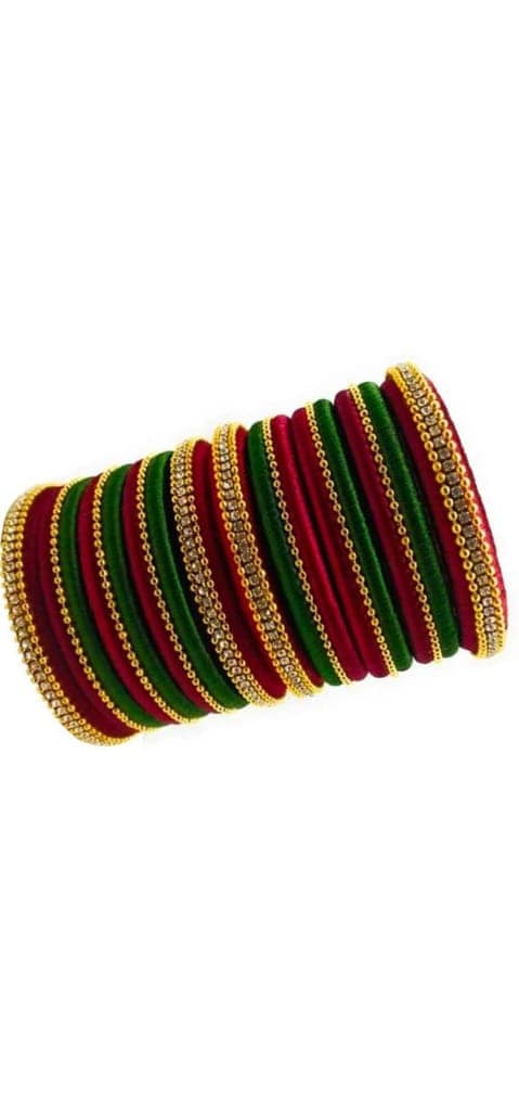Set of 14 Maroon and Green Silk Thread Bangles with Rhinestone Accents view 3