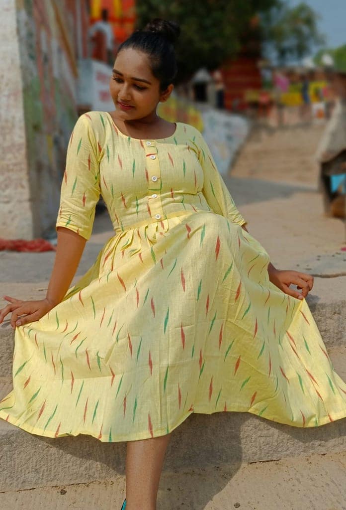 Pure Cotton Ikkat Dress Shalimar Yellow Colour (Size XXS(32) to Plus Size(56))-1395 view 2