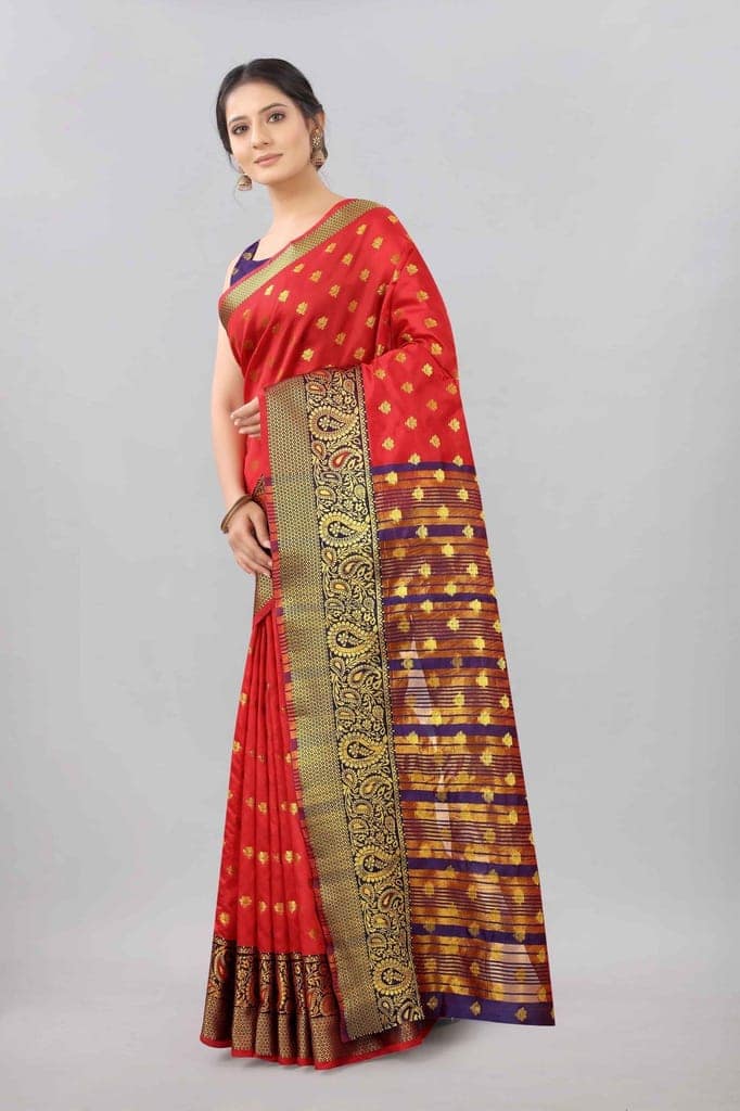 Red &amp; Gold Zari Woven Banarasi Silk Saree view 2