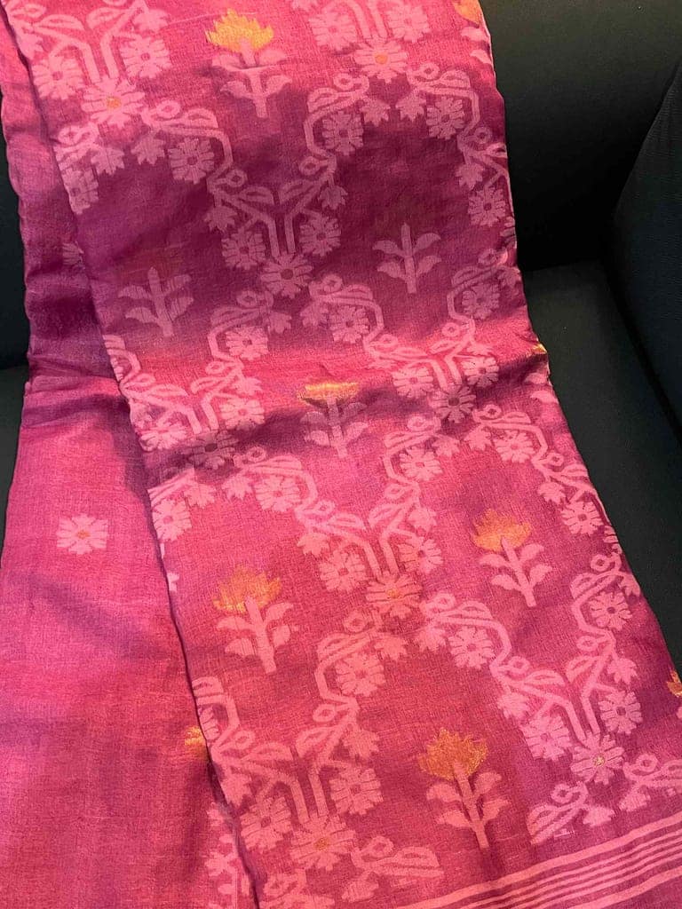Tussar Silk Jamdani Saree in Pink view 3
