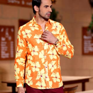 Lilac Tangerine Orange Casual Pure Linen Full Shirt (Size - XXL) by BLUE EAGLE