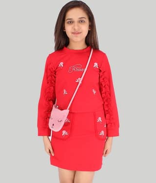 Cutecumber Pack of 1 Girls Cotton Blend Top With Skirt ( Red )