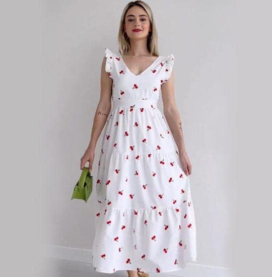Cherry Print Ruffled Midi Dress view 3