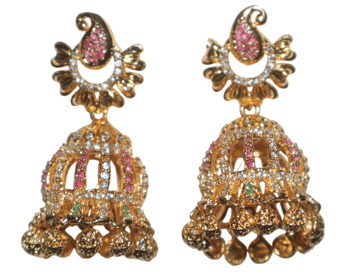 Gold Jhumka Earrings with Pink Gemstones