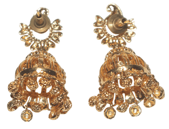 Gold Jhumka Earrings with Pink Gemstones view 2