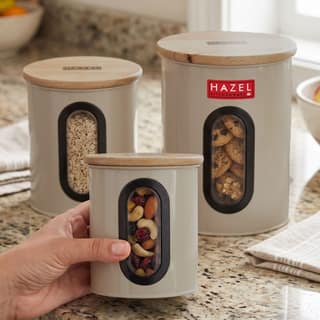 HAZEL Airtight Container with See Through Window & Wooden Lid, Set of 3 , Kitchen Storage Canisters