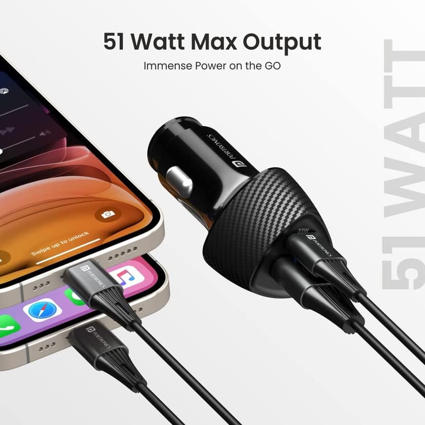 Portronics 51W Car Power 16 Car Charger with Dual Output (33W PD Type C Port + 18W USB A Port), Fast Charging Compatible with iPhones 10/11/12/13/14, ipads 9th/10th Generation, Galaxy Tabs & More view 2