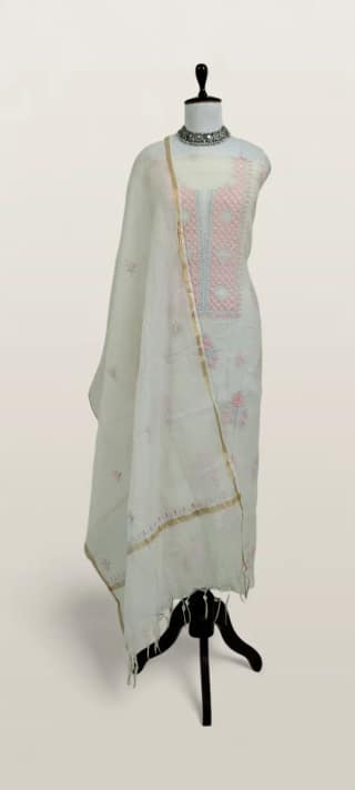 Chikankari Mul Chanderi Dress Material Peach Grey Yoke